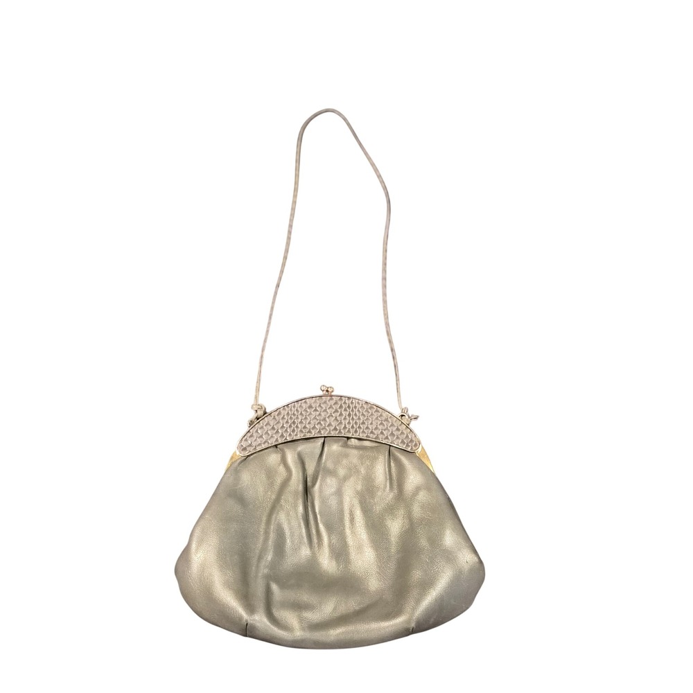 Vintage Metallic Pewter Leather Kiss Lock Frame Bag Evening Purse Snakeskin Trim